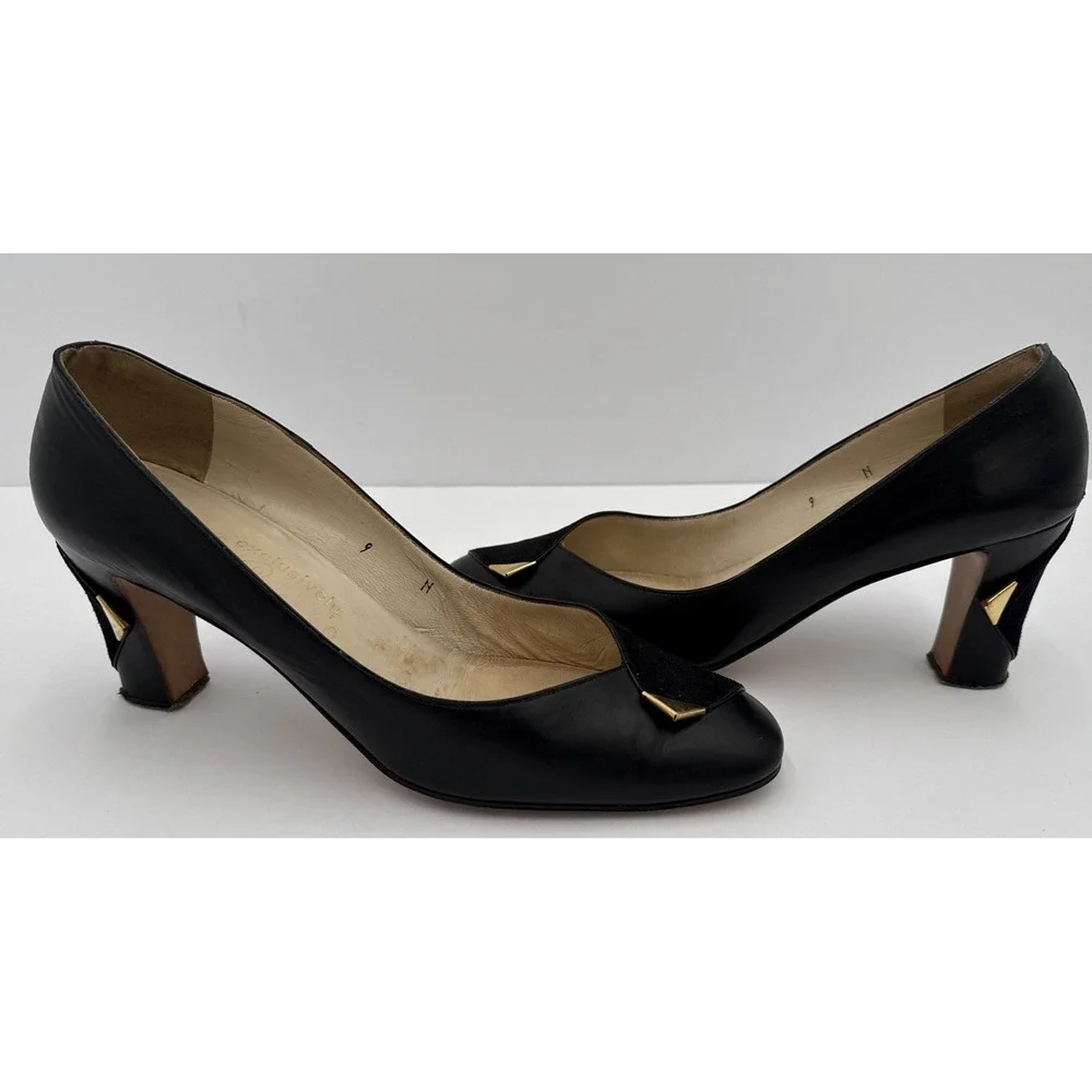 VTG Garolini Black Leather & Suede Italian Pumps‎ Heels Shoes Sz 9N
